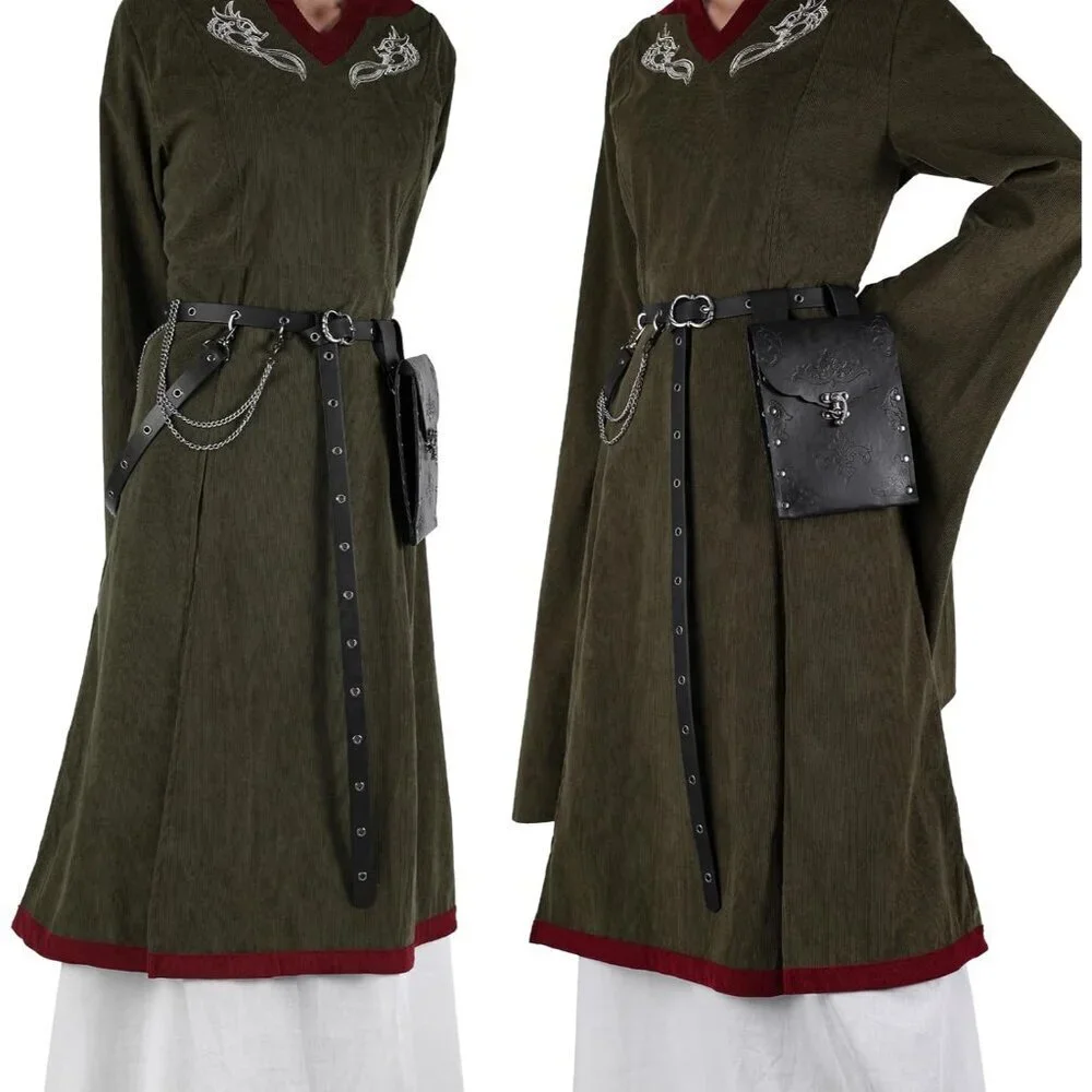 Medieval Women Belt Vintage Faux Leather Chain Pouch Costume Accessory